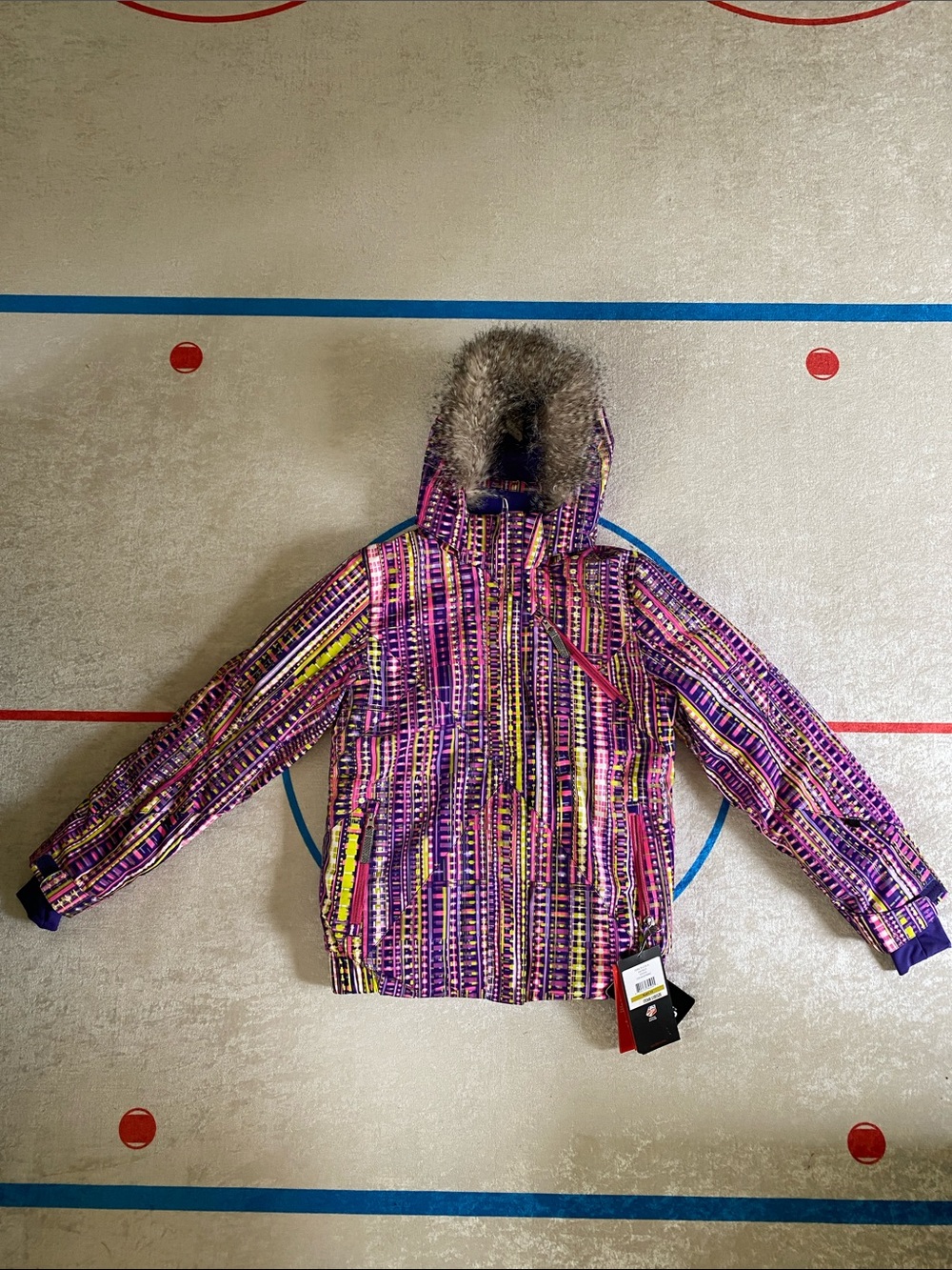 Spyder Kids Multi-Color Purple Patterned Puffer with Faux Fur Hood